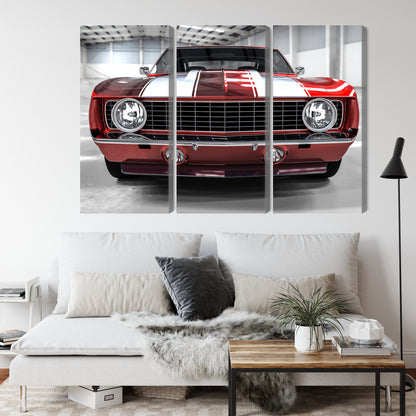 Obraz Wieloczęściowy Czerwony Muscle Car – dynamiczny klasyk do wnętrz industrialnych i nowoczesnych – widok 3