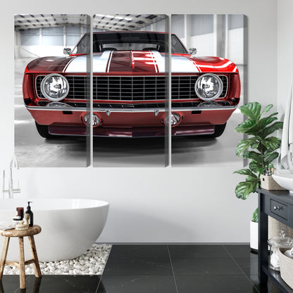 Obraz Wieloczęściowy Czerwony Muscle Car – dynamiczny klasyk do wnętrz industrialnych i nowoczesnych – widok 4