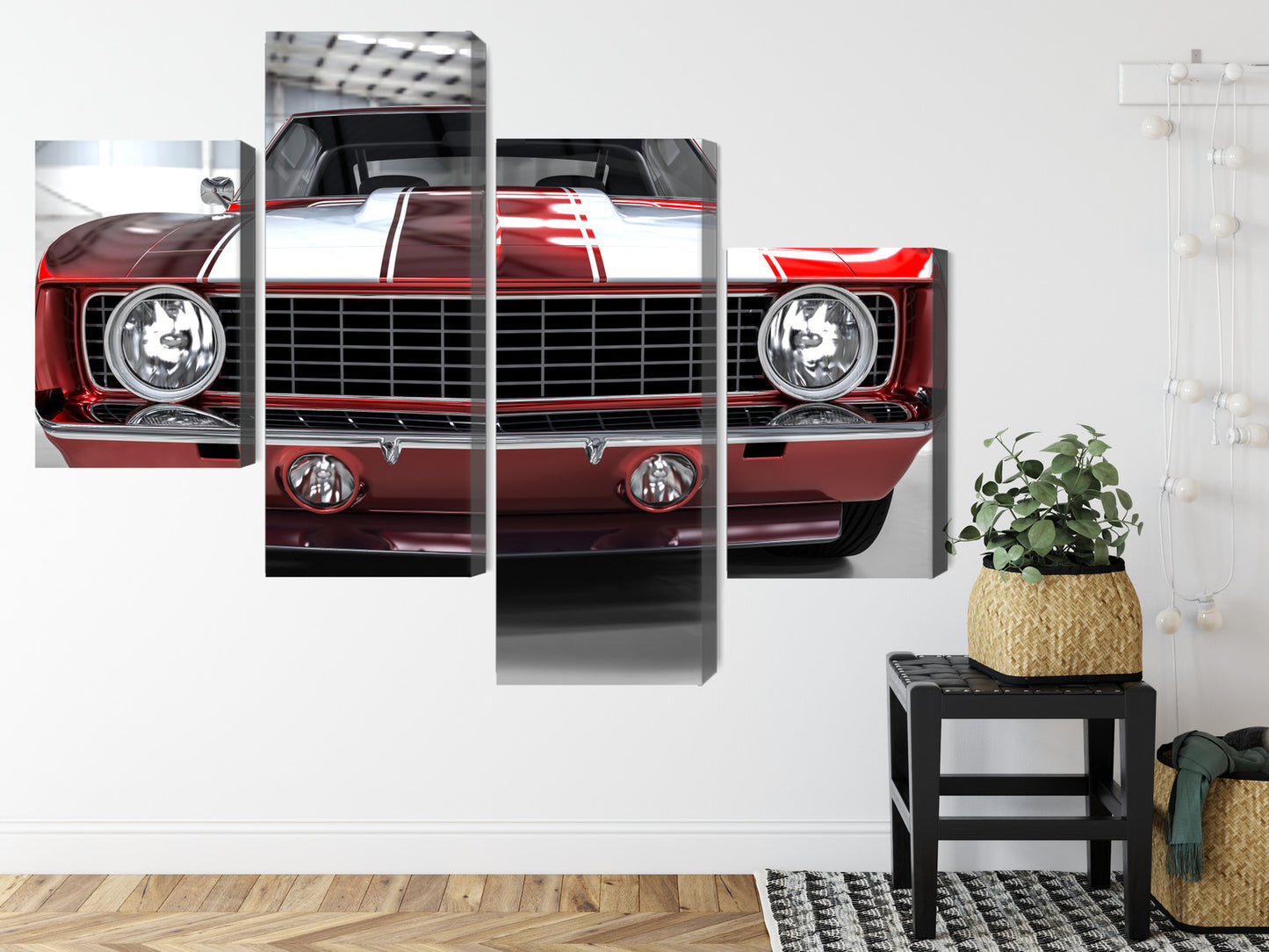 Obraz Wieloczęściowy Czerwony Muscle Car w Garażu – wyrazista motoryzacja do wnętrz loftowych i męskich – widok 7