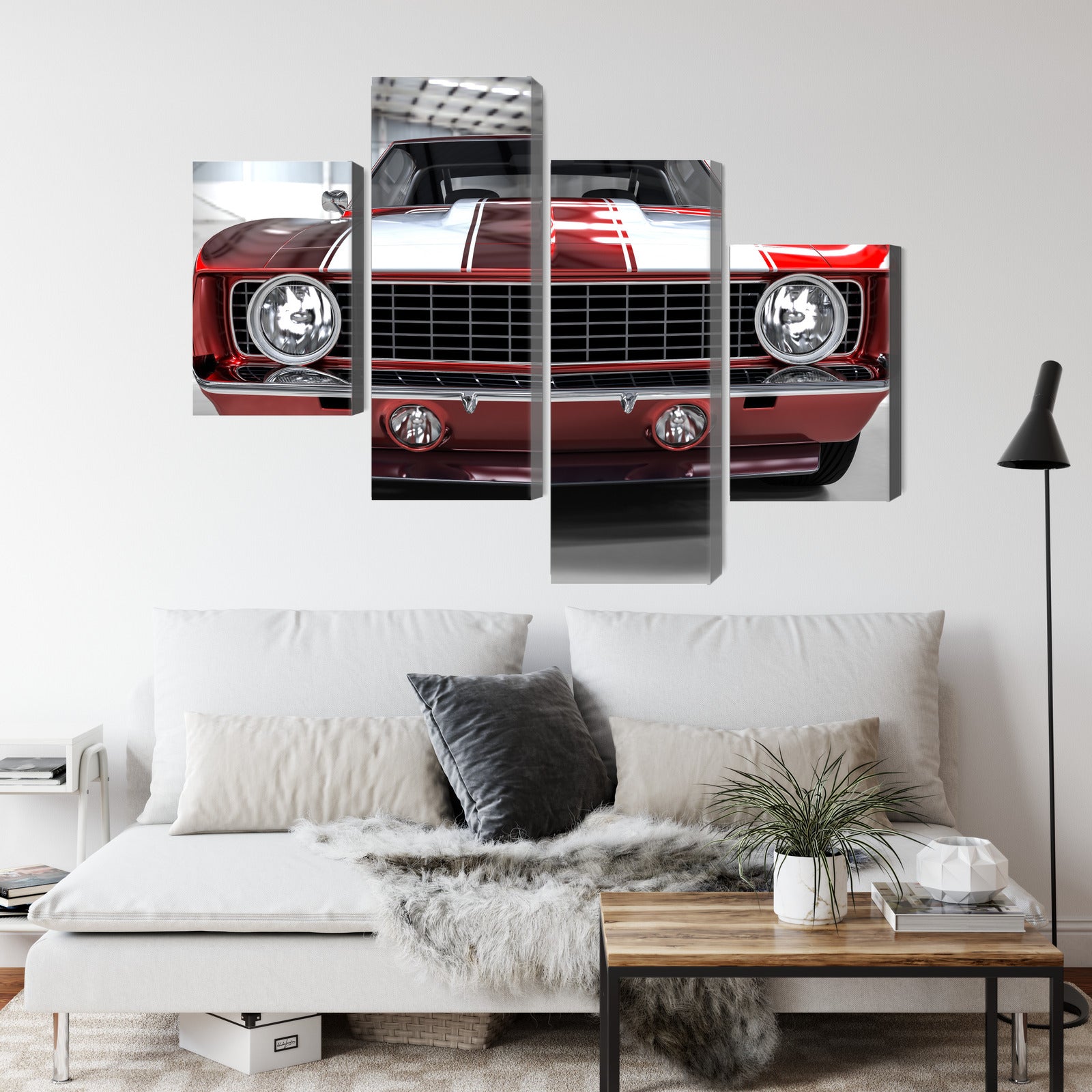 Obraz Wieloczęściowy Czerwony Muscle Car w Garażu – wyrazista motoryzacja do wnętrz loftowych i męskich – widok 3