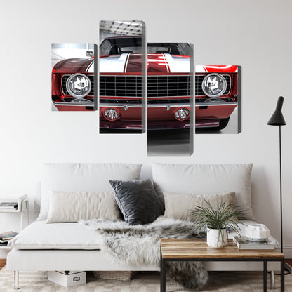 Obraz Wieloczęściowy Czerwony Muscle Car w Garażu – wyrazista motoryzacja do wnętrz loftowych i męskich – widok 3