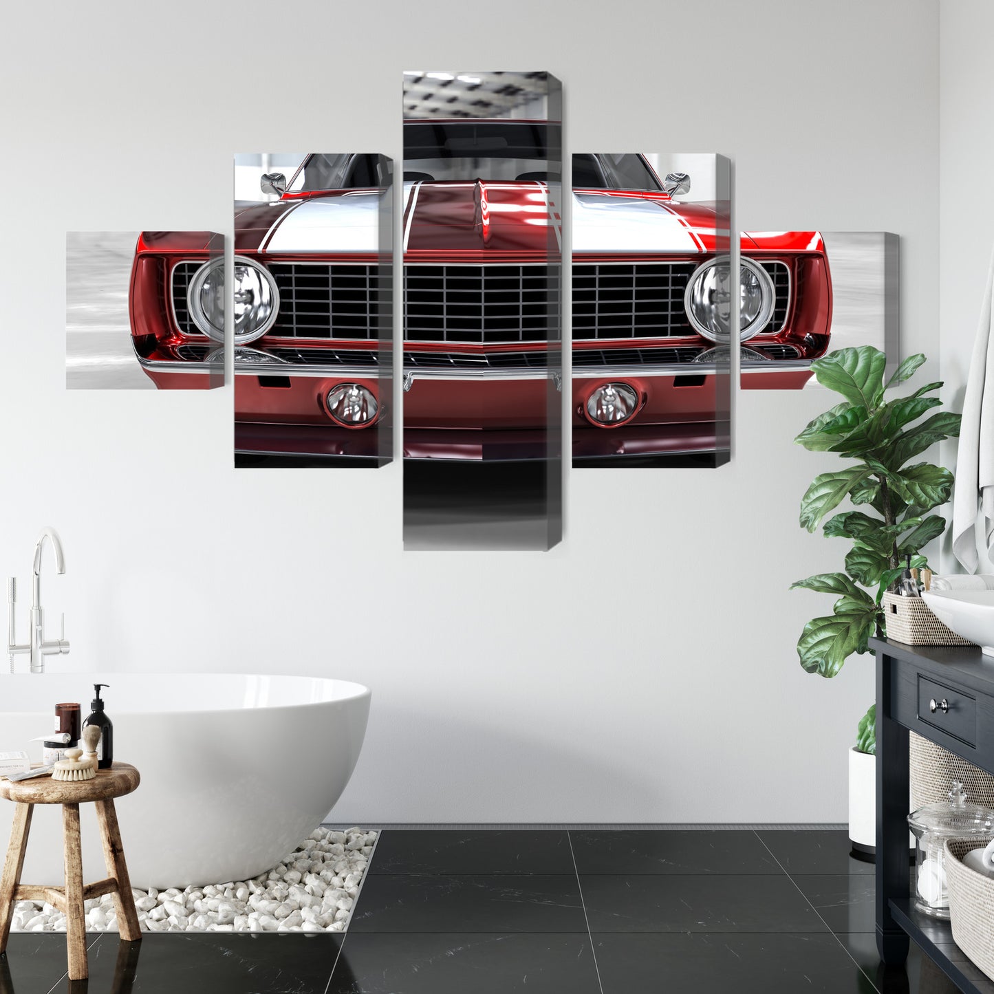 Obraz Wieloczęściowy Czerwony Muscle Car – Industrialny akcent motoryzacyjny do wnętrz loftowych i nowoczesnych – widok 4