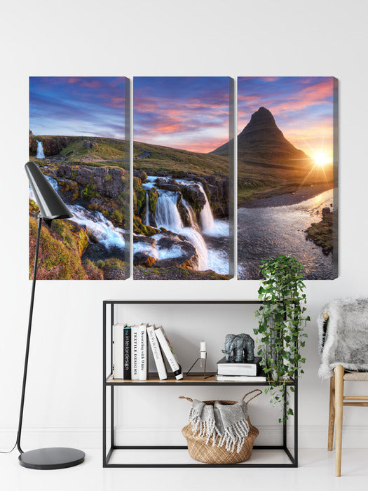 Obraz Wieloczęściowy Góra Kirkjufell z wodospadami – krajobraz islandzki do wnętrz skandynawskich i minimalistycznych – widok 8