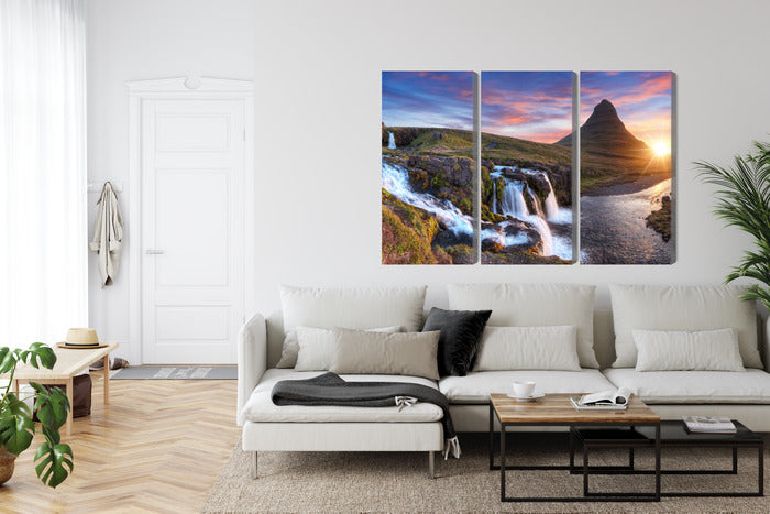 Obraz Wieloczęściowy Góra Kirkjufell z wodospadami – krajobraz islandzki do wnętrz skandynawskich i minimalistycznych – widok 5