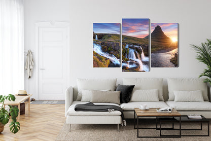 Obraz Wieloczęściowy Góra Kirkjufell z Wodospadami – krajobraz islandzki do wnętrz skandynawskich i minimalistycznych – widok 5