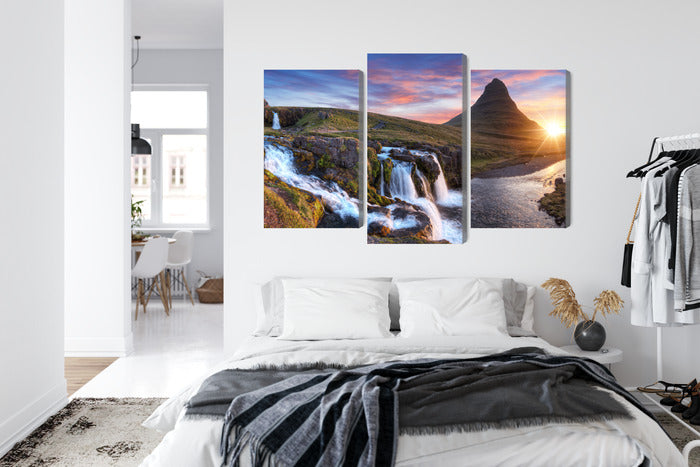 Obraz Wieloczęściowy Góra Kirkjufell z Wodospadami – krajobraz islandzki do wnętrz skandynawskich i minimalistycznych – widok 6