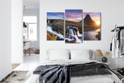 Obraz Wieloczęściowy Góra Kirkjufell z Wodospadami – krajobraz islandzki do wnętrz skandynawskich i minimalistycznych – widok 6