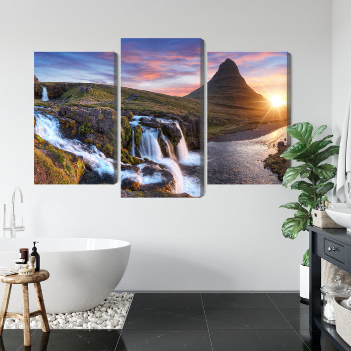 Obraz Wieloczęściowy Góra Kirkjufell z Wodospadami – krajobraz islandzki do wnętrz skandynawskich i minimalistycznych – widok 4