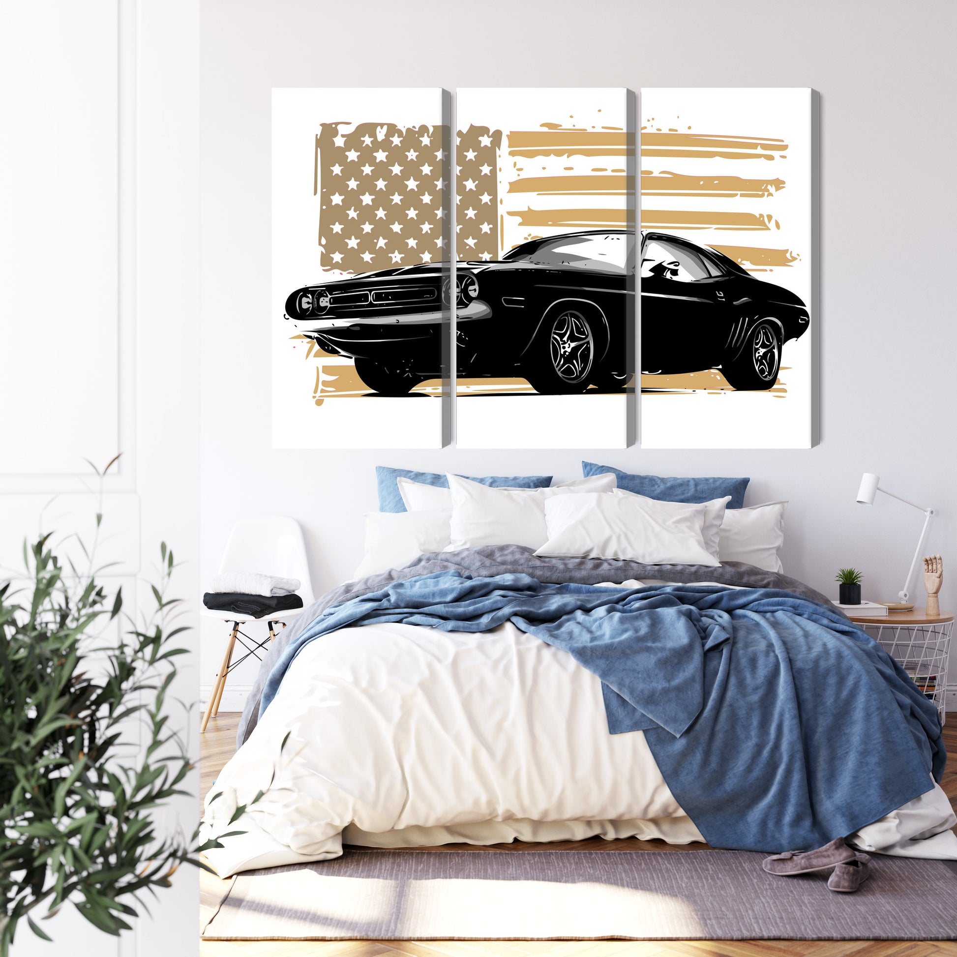 Obraz Wieloczęściowy Amerykański Muscle Car na Fladze USA – dynamiczna kompozycja do wnętrz loftowych i męskich – widok 2