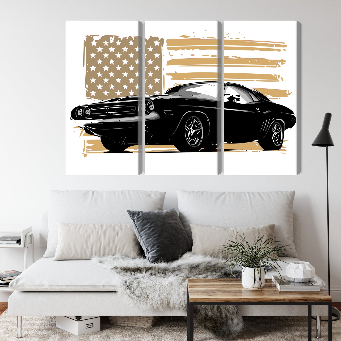 Obraz Wieloczęściowy Amerykański Muscle Car na Fladze USA – dynamiczna kompozycja do wnętrz loftowych i męskich – widok 3