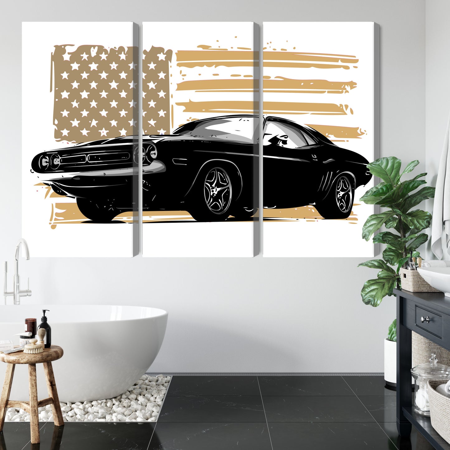 Obraz Wieloczęściowy Amerykański Muscle Car na Fladze USA – dynamiczna kompozycja do wnętrz loftowych i męskich – widok 4