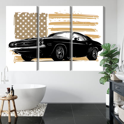Obraz Wieloczęściowy Amerykański Muscle Car na Fladze USA – dynamiczna kompozycja do wnętrz loftowych i męskich – widok 4