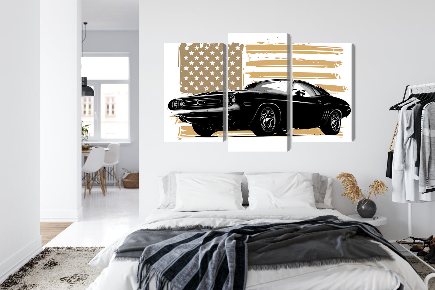 Obraz Wieloczęściowy Muscle Car z Flagą USA – dynamiczny, kultowy do wnętrz industrialnych i vintage – widok 6