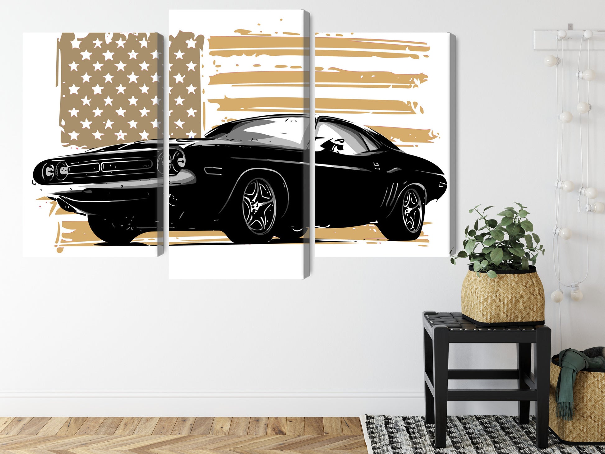 Obraz Wieloczęściowy Muscle Car z Flagą USA – dynamiczny, kultowy do wnętrz industrialnych i vintage – widok 7