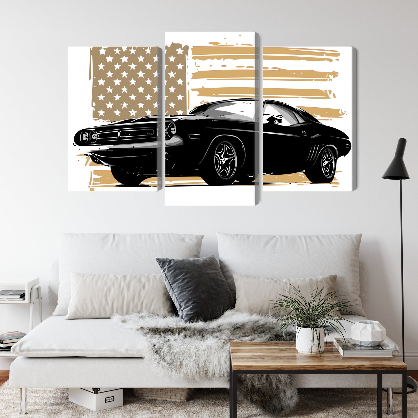 Obraz Wieloczęściowy Muscle Car z Flagą USA – dynamiczny, kultowy do wnętrz industrialnych i vintage – widok 3