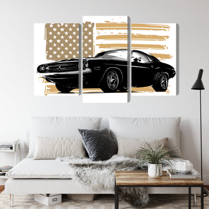 Obraz Wieloczęściowy Muscle Car z Flagą USA – dynamiczny, kultowy do wnętrz industrialnych i vintage – widok 3