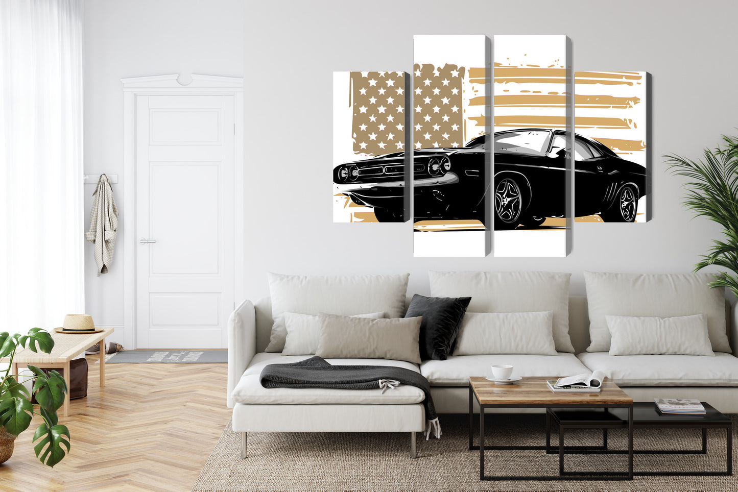 Obraz Wieloczęściowy Muscle Car z Flagą USA – ikona mocy do wnętrz industrialnych i nowoczesnych – widok 5