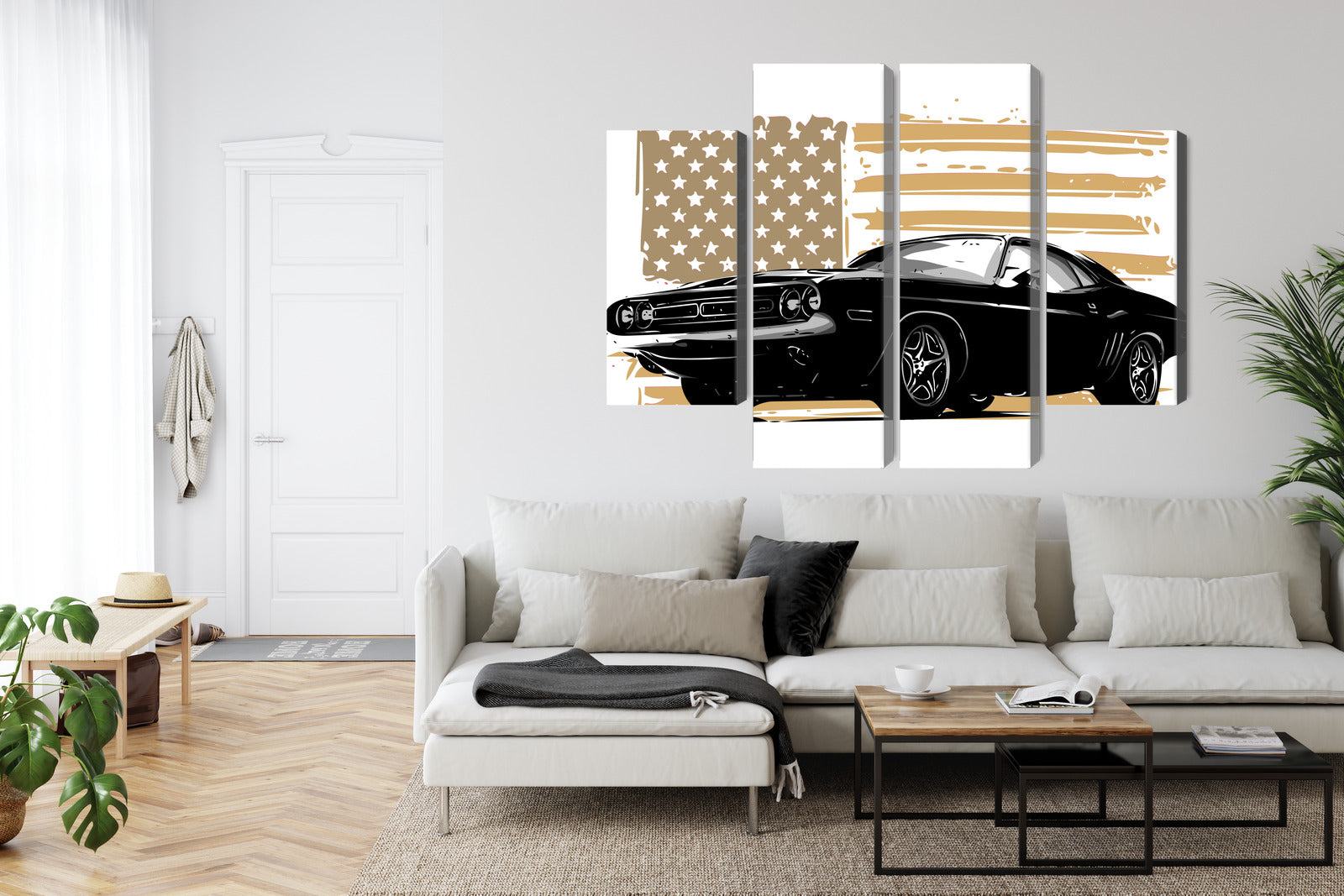Obraz Wieloczęściowy Muscle Car z Flagą USA – ikona mocy do wnętrz industrialnych i nowoczesnych – widok 5