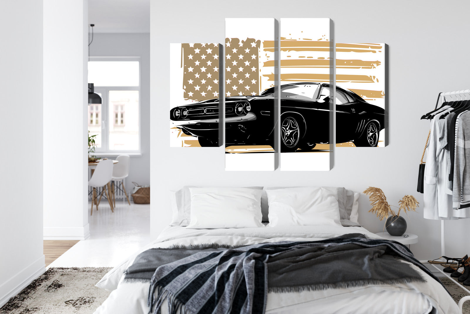 Obraz Wieloczęściowy Muscle Car z Flagą USA – ikona mocy do wnętrz industrialnych i nowoczesnych – widok 6