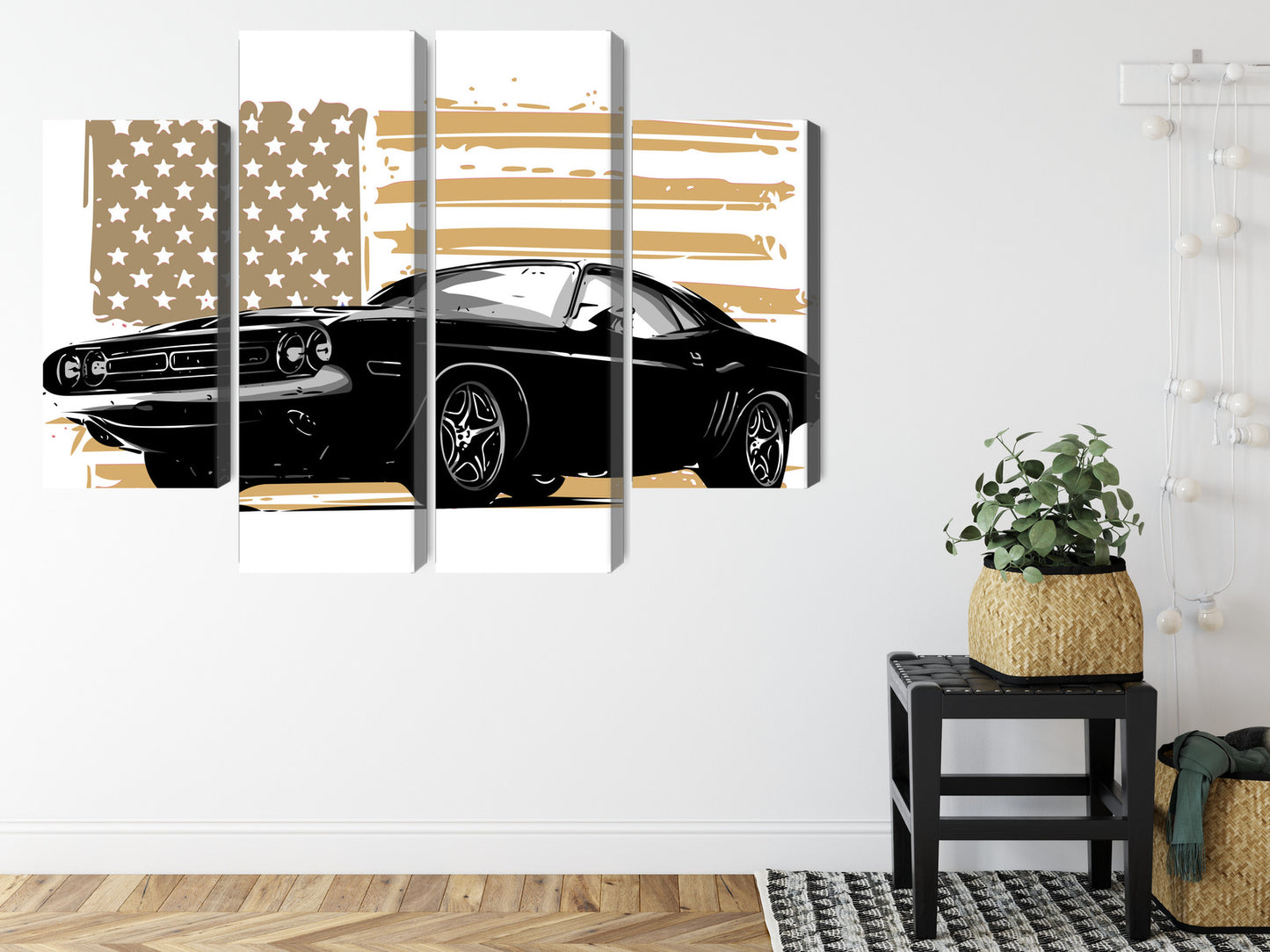 Obraz Wieloczęściowy Muscle Car z Flagą USA – ikona mocy do wnętrz industrialnych i nowoczesnych – widok 7