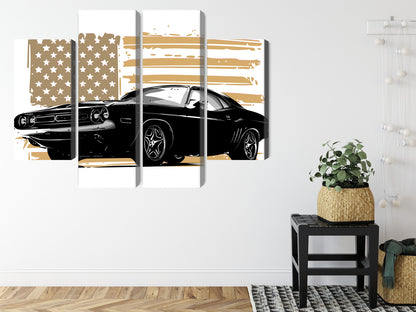 Obraz Wieloczęściowy Muscle Car z Flagą USA – ikona mocy do wnętrz industrialnych i nowoczesnych – widok 7