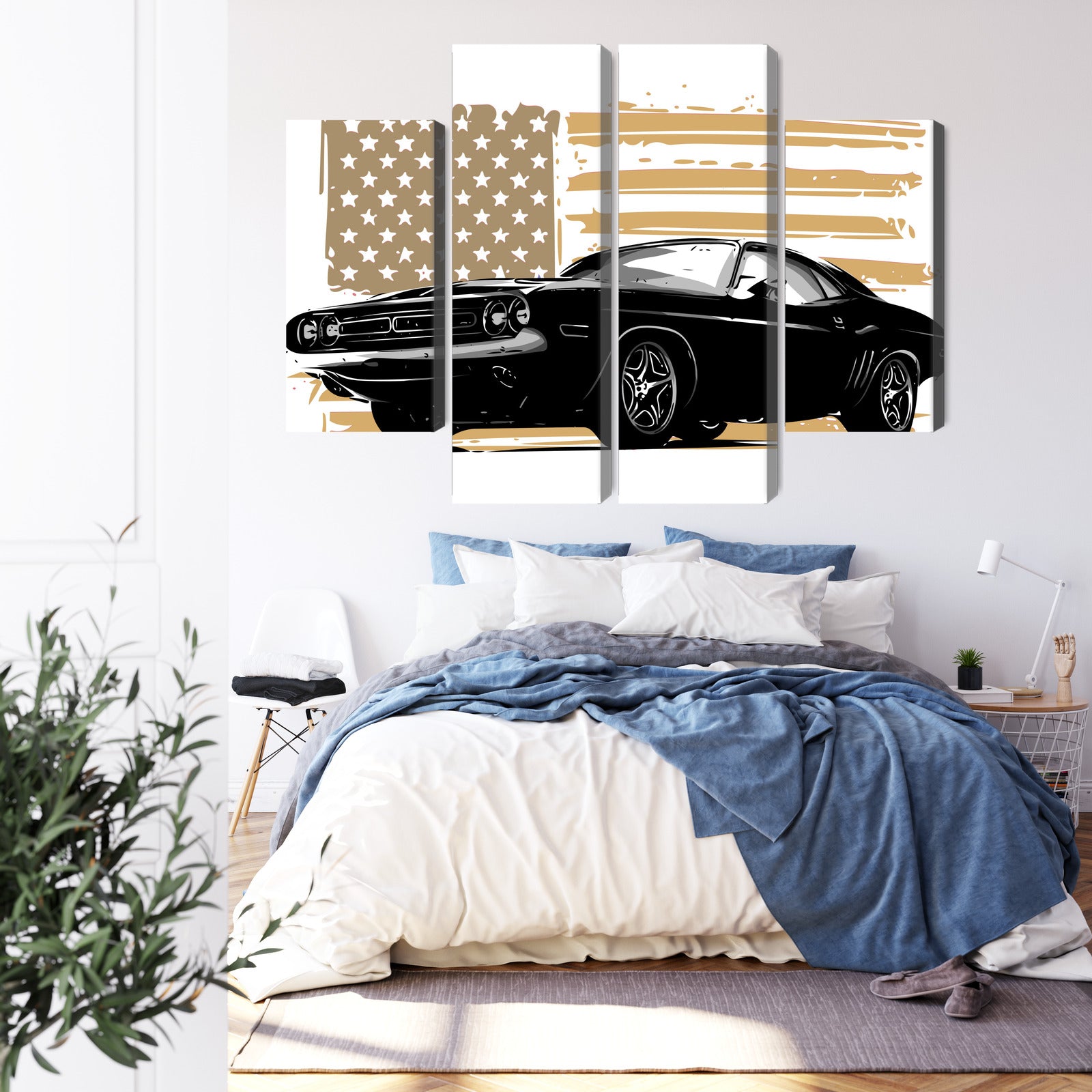 Obraz Wieloczęściowy Muscle Car z Flagą USA – ikona mocy do wnętrz industrialnych i nowoczesnych – widok 2
