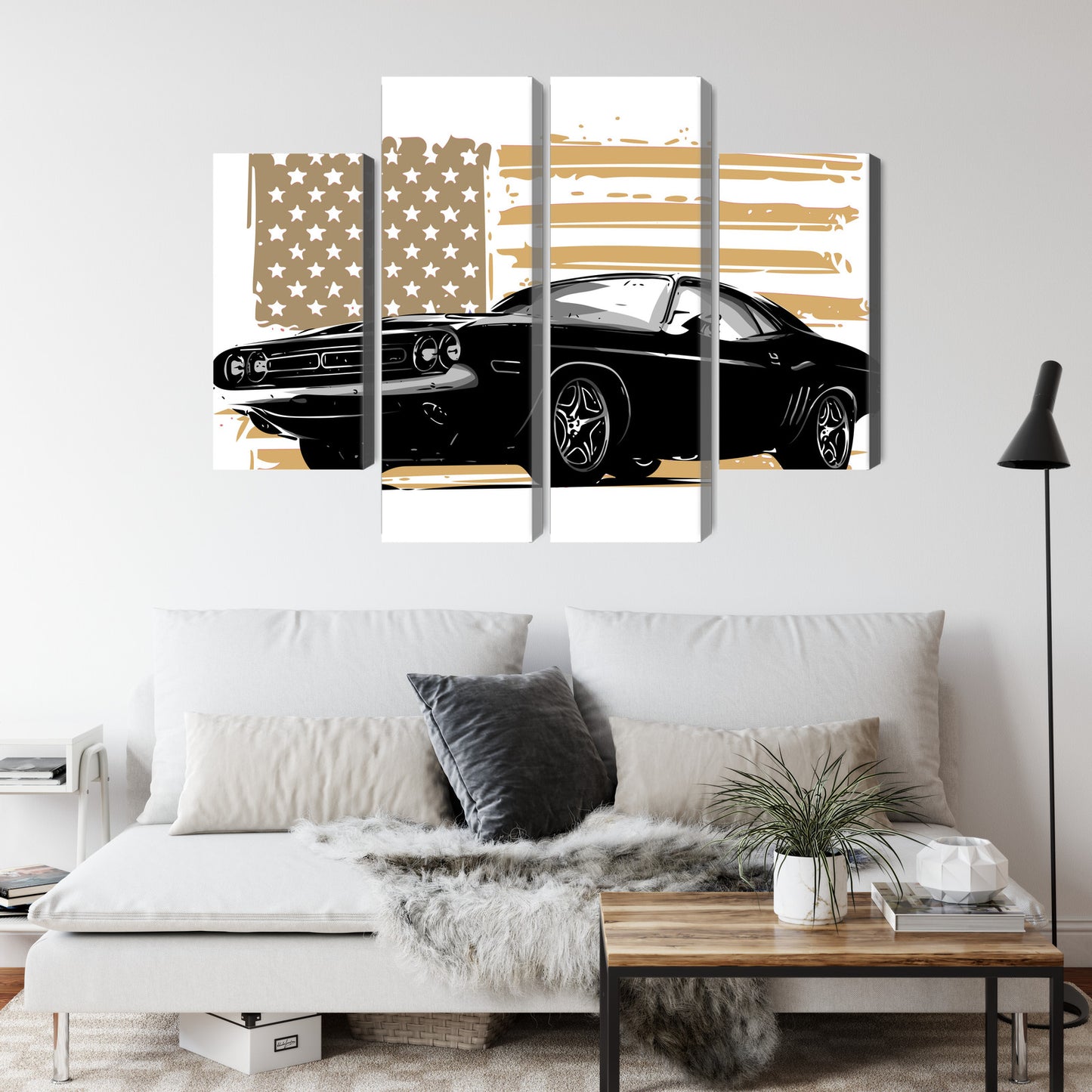 Obraz Wieloczęściowy Muscle Car z Flagą USA – ikona mocy do wnętrz industrialnych i nowoczesnych – widok 3