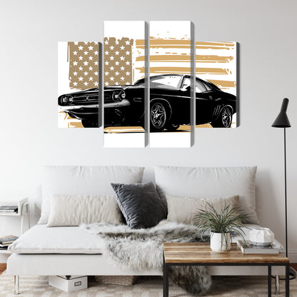 Obraz Wieloczęściowy Muscle Car z Flagą USA – ikona mocy do wnętrz industrialnych i nowoczesnych – widok 3