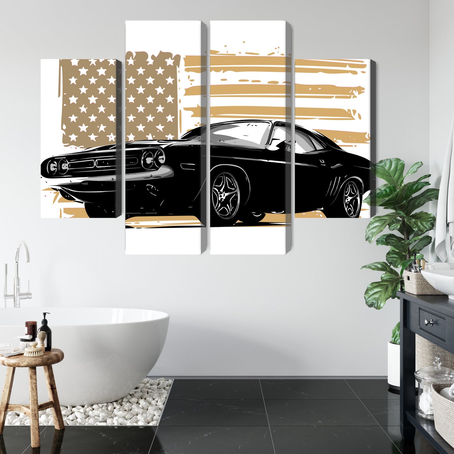 Obraz Wieloczęściowy Muscle Car z Flagą USA – ikona mocy do wnętrz industrialnych i nowoczesnych – widok 4