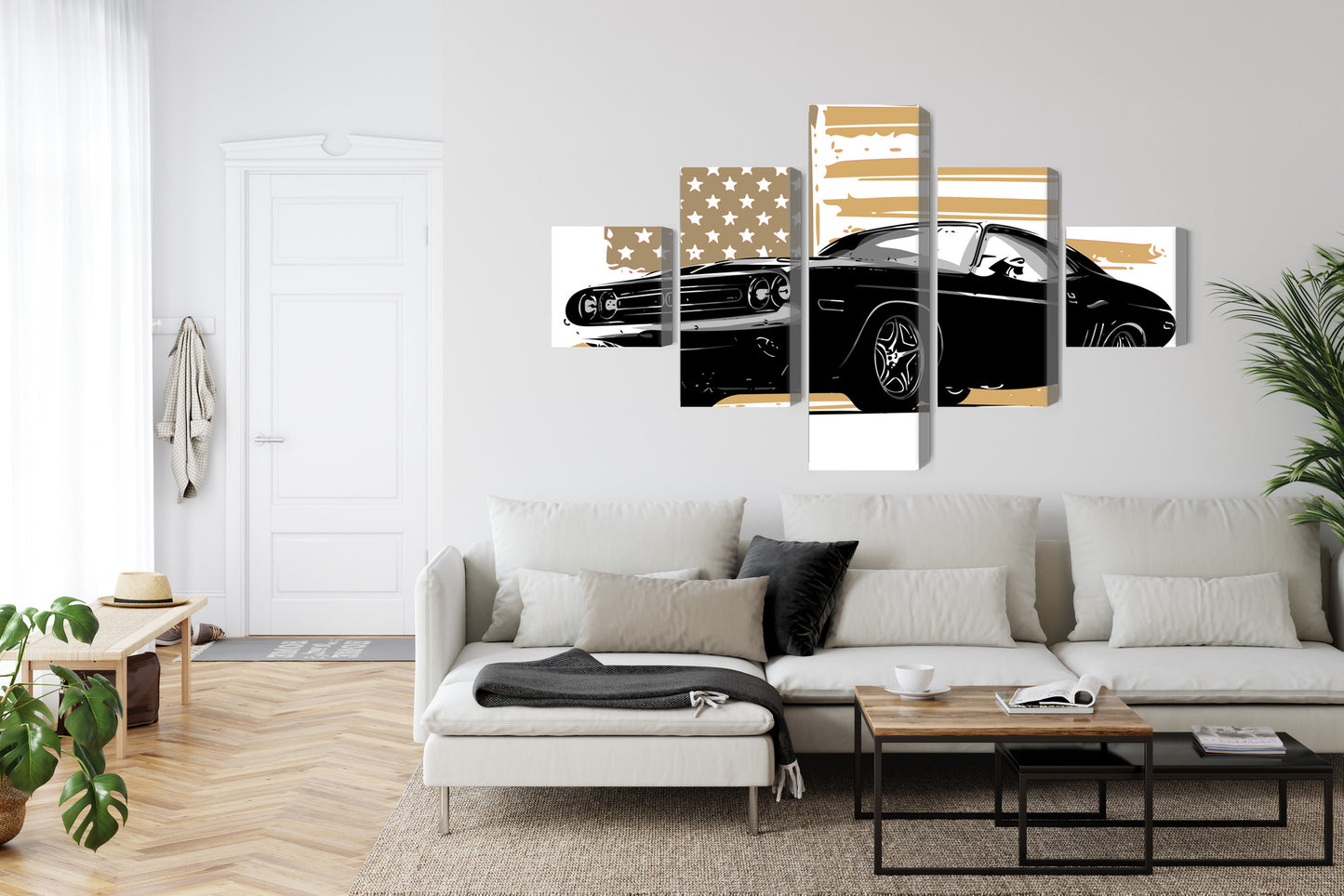 Obraz Wieloczęściowy Muscle Car i Flaga USA – energetyczny akcent do loftów i wnętrz industrialnych – widok 5