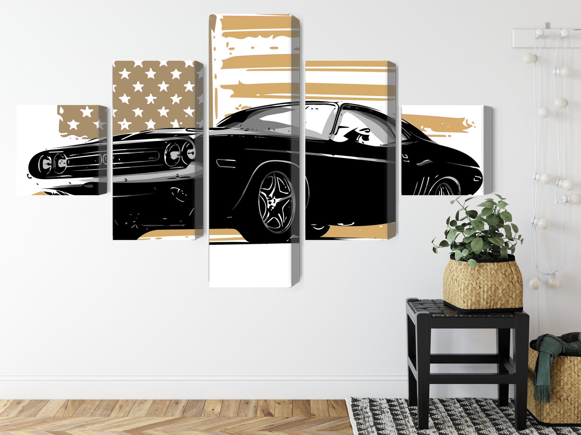 Obraz Wieloczęściowy Muscle Car i Flaga USA – energetyczny akcent do loftów i wnętrz industrialnych – widok 7