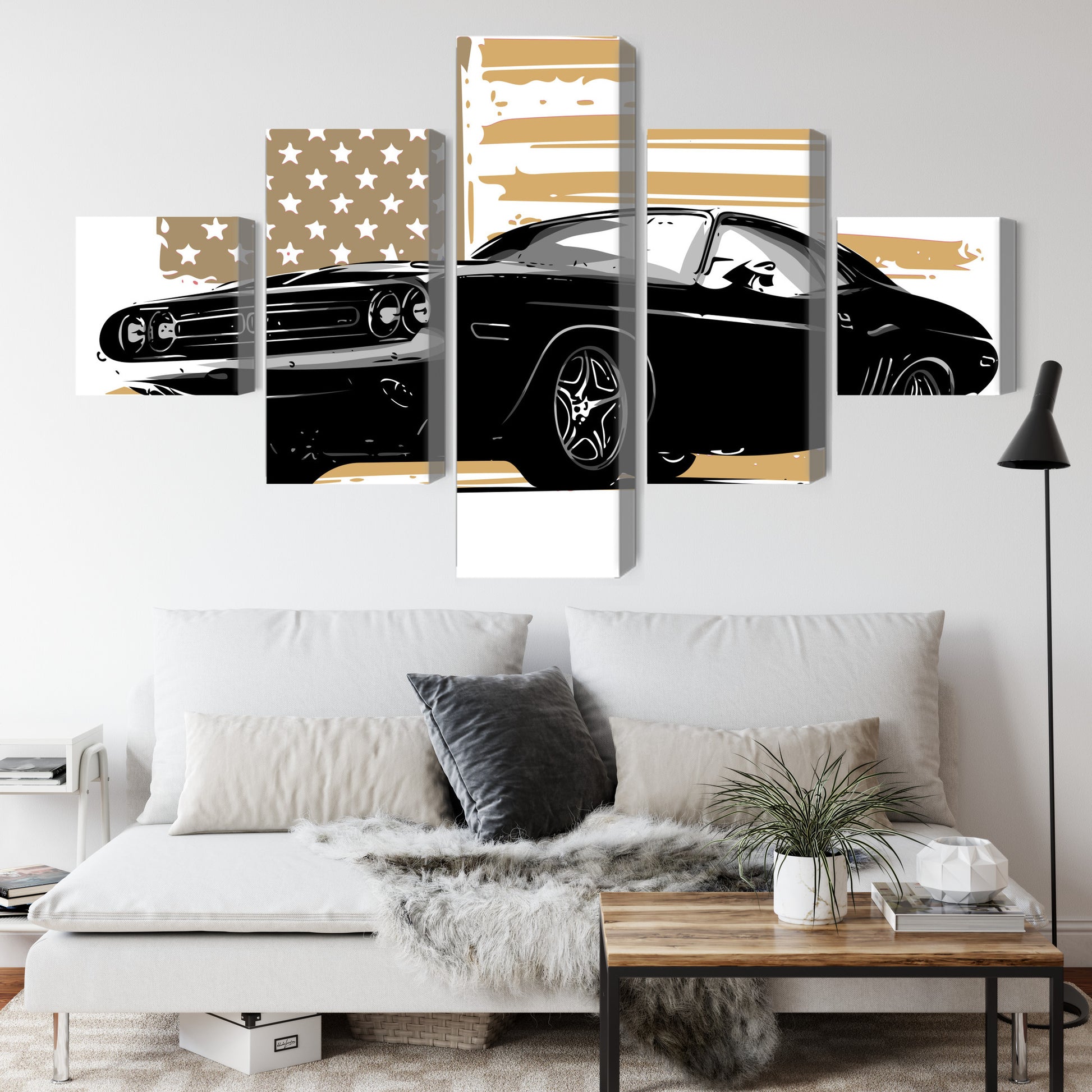Obraz Wieloczęściowy Muscle Car i Flaga USA – energetyczny akcent do loftów i wnętrz industrialnych – widok 3