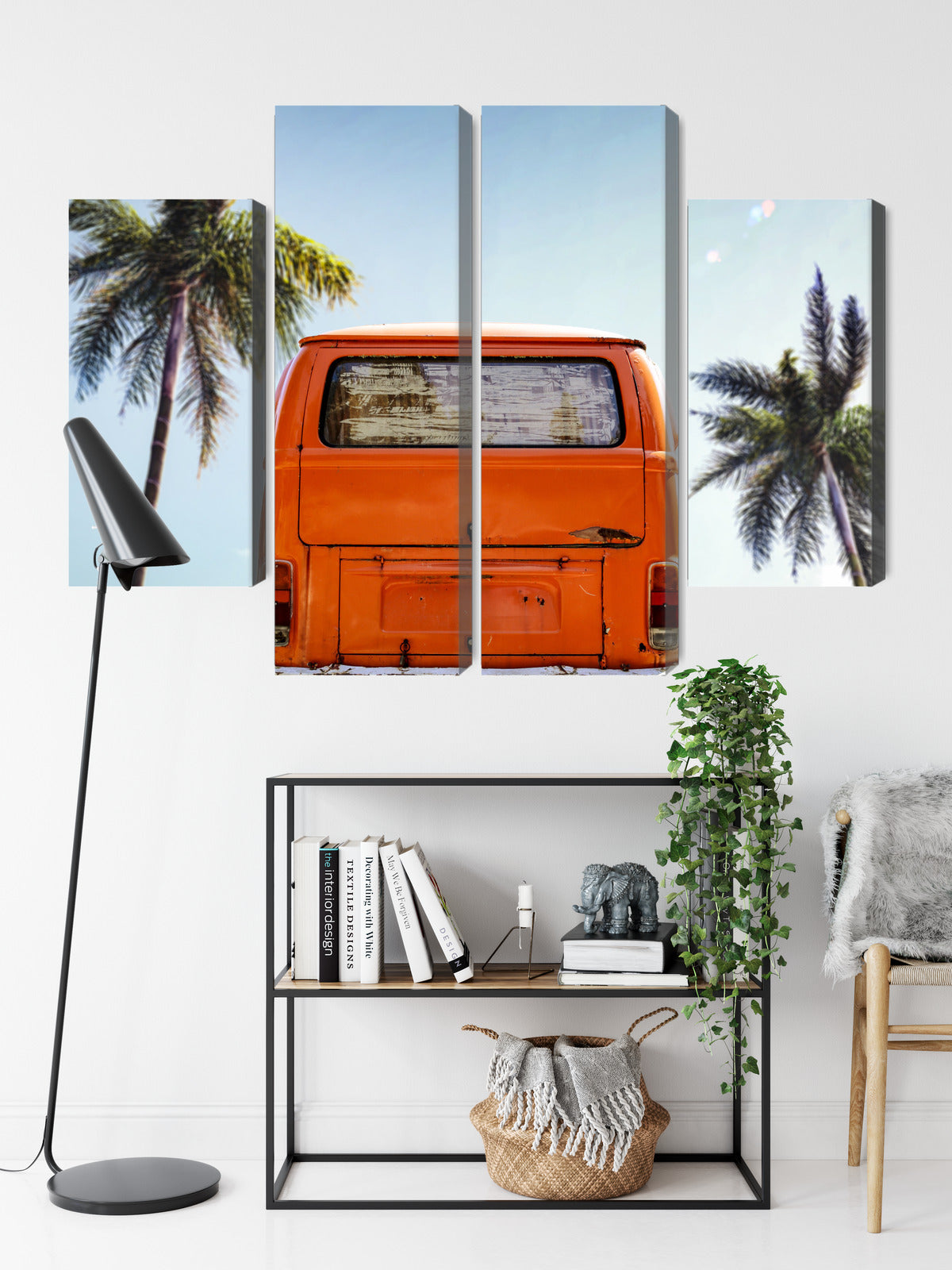 Obraz Wieloczęściowy Retro Samochód z Palmami – słoneczna podróż do wnętrz boho i mid-century – widok 8