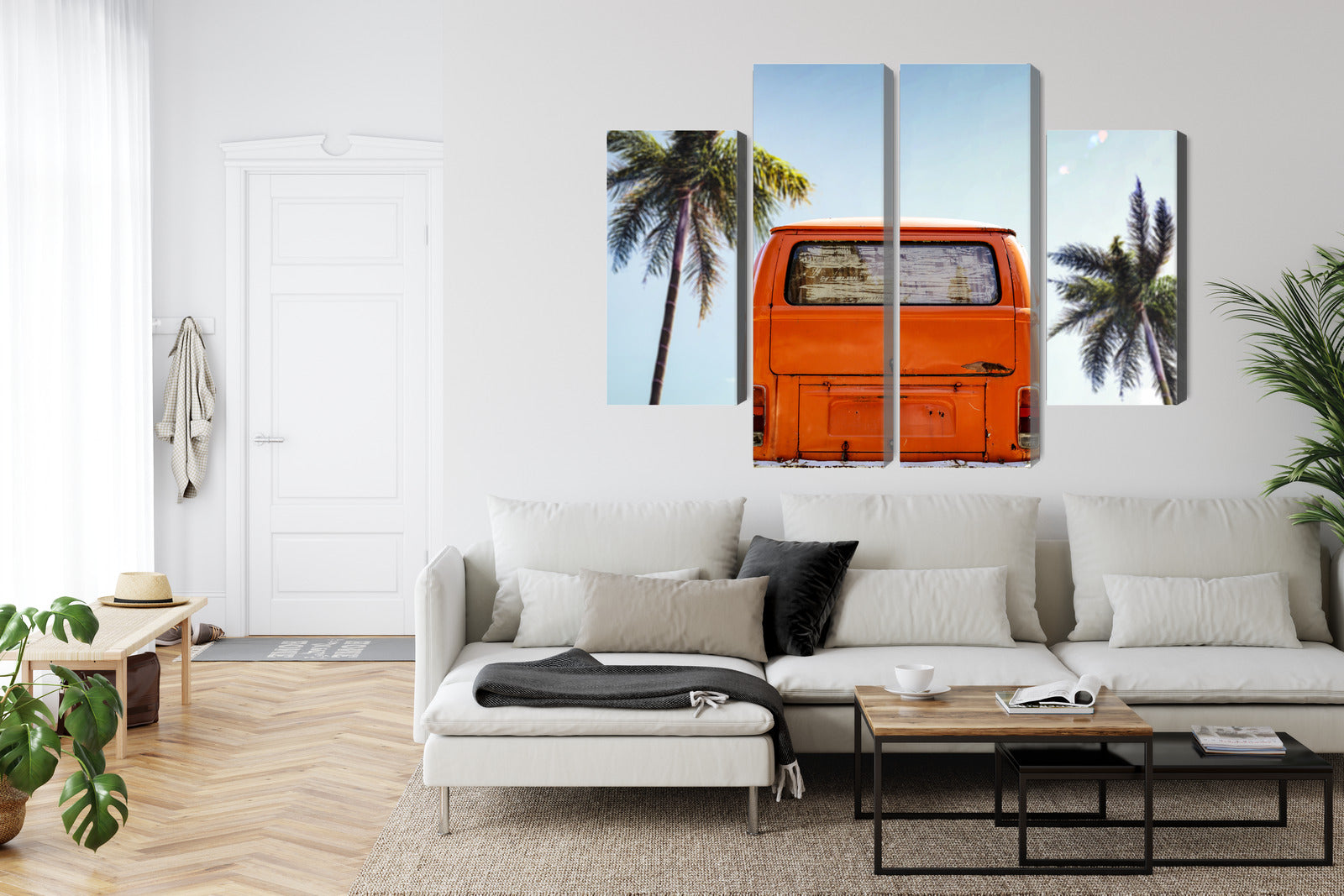 Obraz Wieloczęściowy Retro Samochód z Palmami – słoneczna podróż do wnętrz boho i mid-century – widok 5