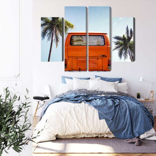 Obraz Wieloczęściowy Retro Samochód z Palmami – słoneczna podróż do wnętrz boho i mid-century – widok 2