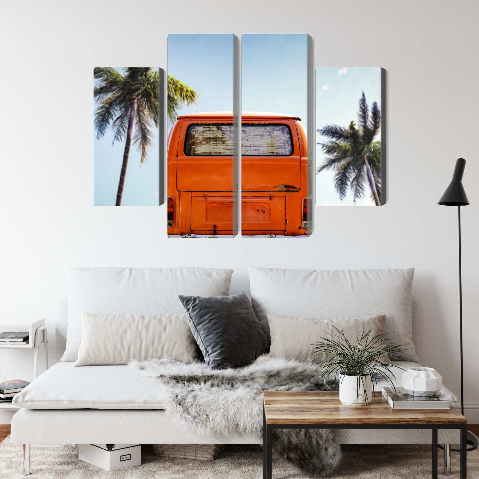 Obraz Wieloczęściowy Retro Samochód z Palmami – słoneczna podróż do wnętrz boho i mid-century – widok 3