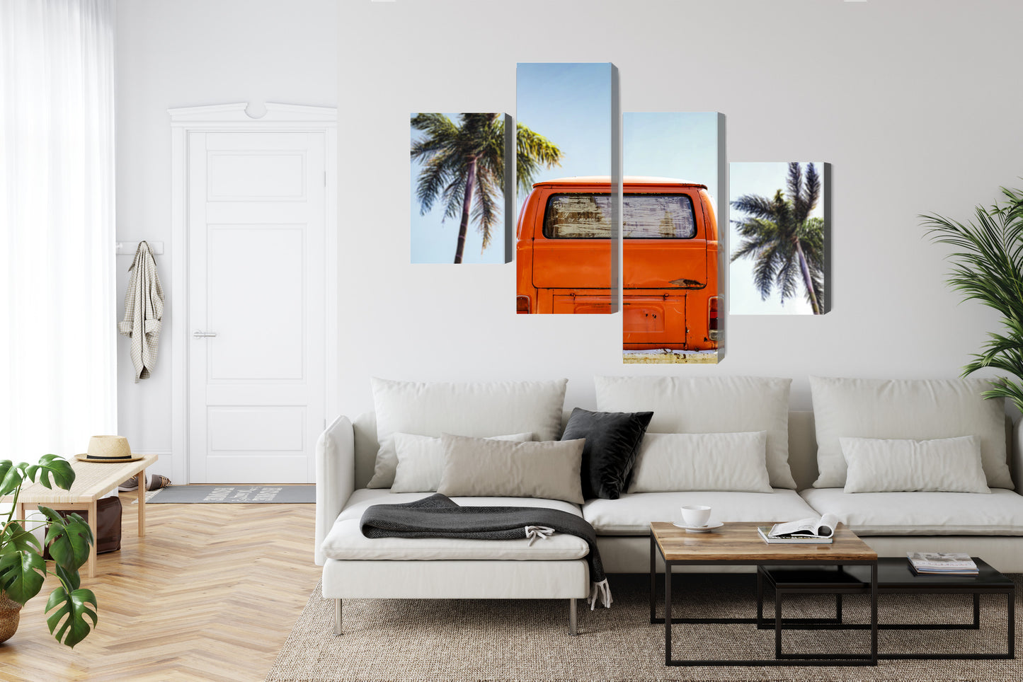 Obraz Wieloczęściowy Retro Samochód – Słoneczna Podróż do wnętrz Boho, Mid-century i Coastal – widok 5