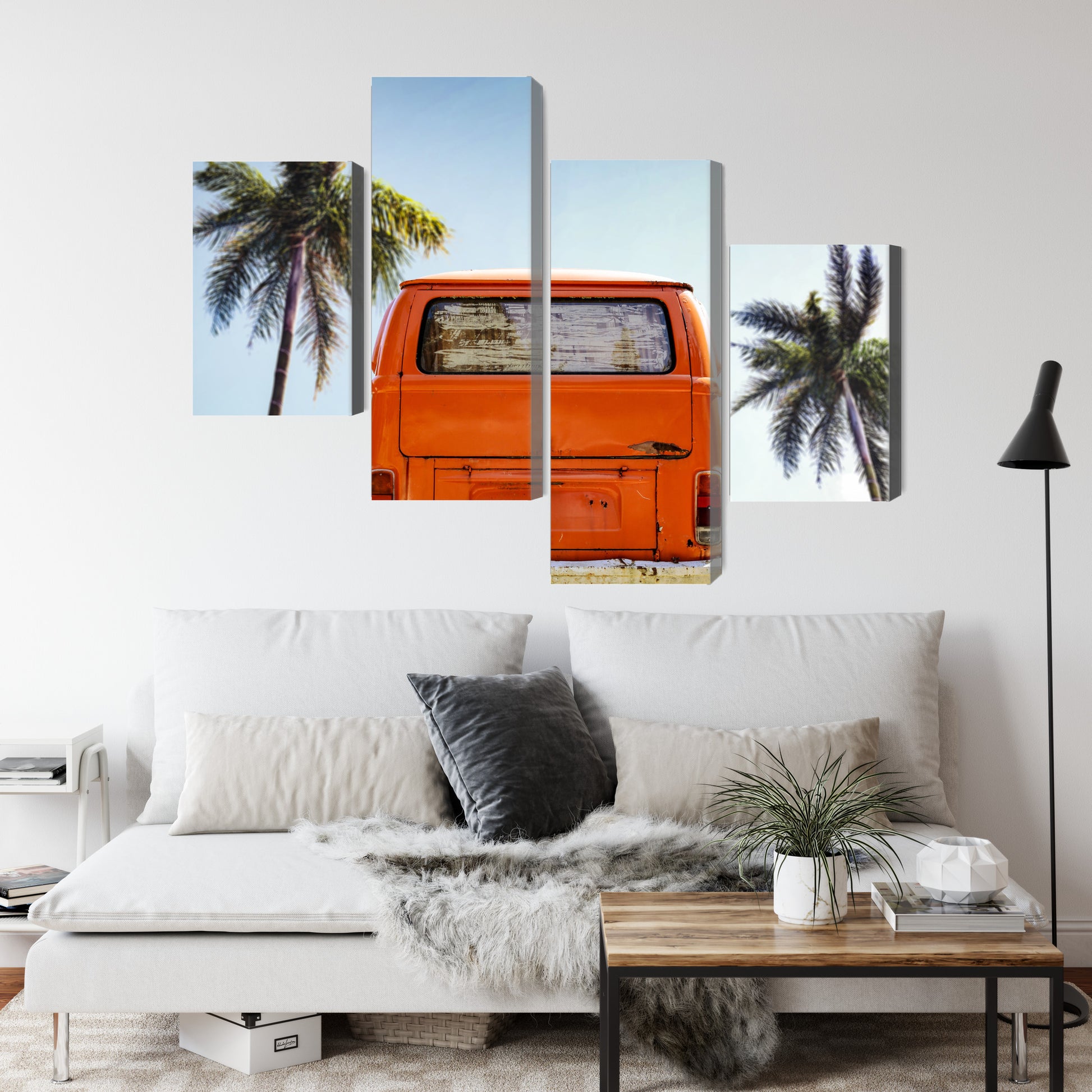 Obraz Wieloczęściowy Retro Samochód – Słoneczna Podróż do wnętrz Boho, Mid-century i Coastal – widok 3