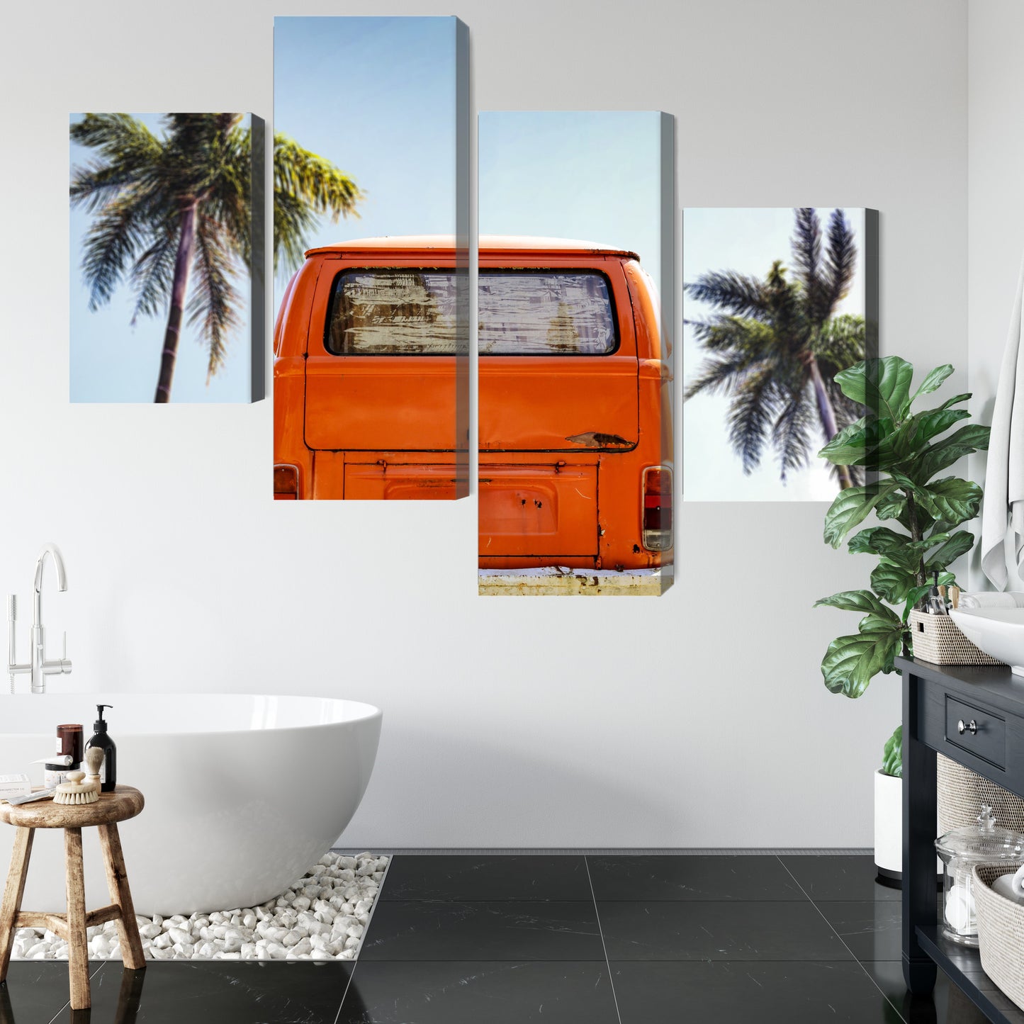 Obraz Wieloczęściowy Retro Samochód – Słoneczna Podróż do wnętrz Boho, Mid-century i Coastal – widok 4