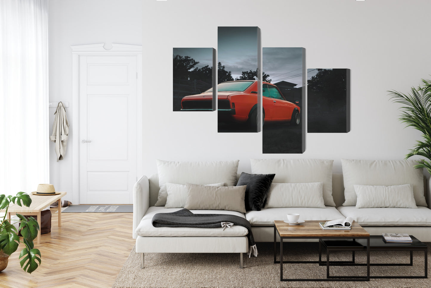 Obraz Wieloczęściowy Pomarańczowy Samochód Retro – vintage energia do wnętrz loft i mid-century – widok 5