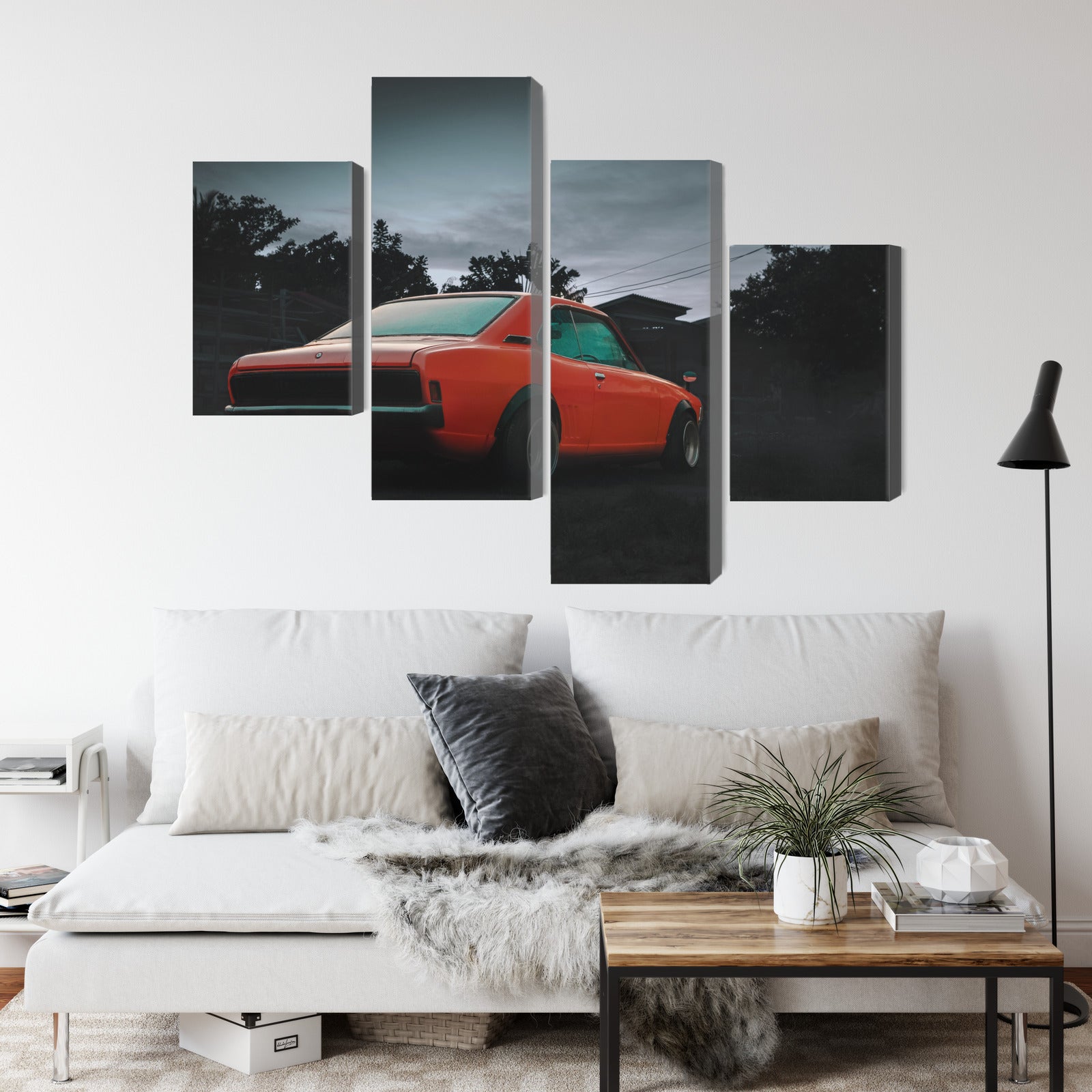 Obraz Wieloczęściowy Pomarańczowy Samochód Retro – vintage energia do wnętrz loft i mid-century – widok 3