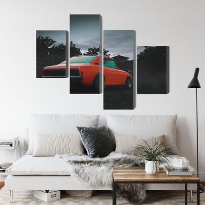 Obraz Wieloczęściowy Pomarańczowy Samochód Retro – vintage energia do wnętrz loft i mid-century – widok 3