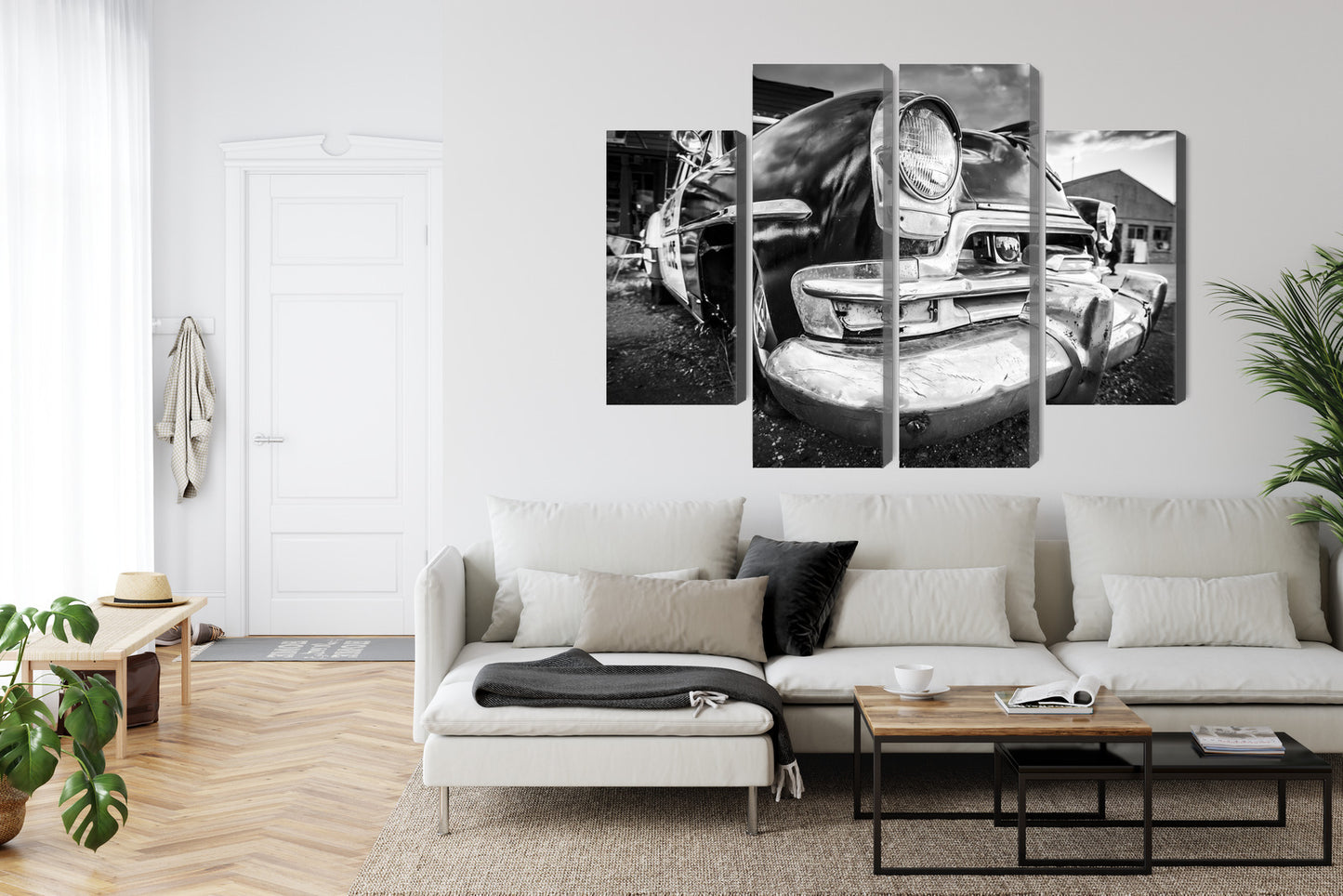 Obraz Wieloczęściowy Amerykański Samochód Retro – czarno-biała ikona motoryzacji do wnętrz loftowych i nowoczesnych – widok 5