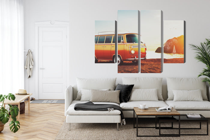 Obraz Wieloczęściowy Retro Samochód na Plaży – Nostalgiczny Klimat do Wnętrz Coastal, Boho i Retro – widok 5