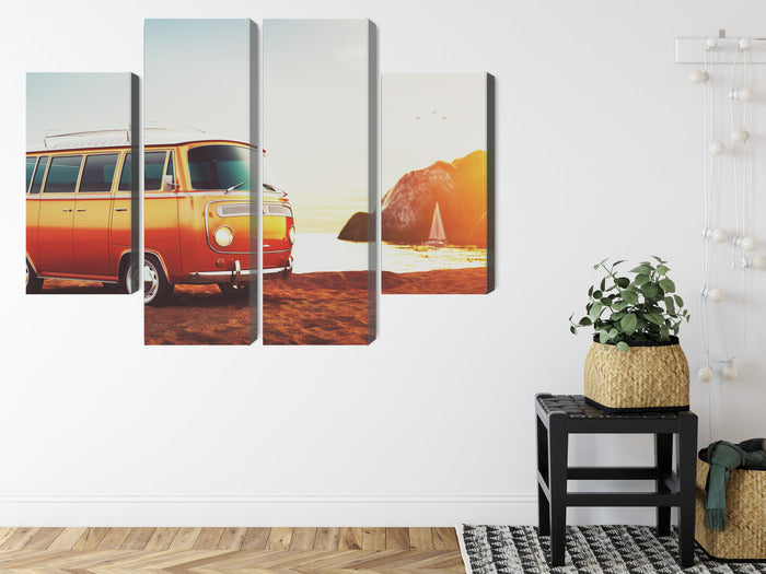 Obraz Wieloczęściowy Retro Samochód na Plaży – Nostalgiczny Klimat do Wnętrz Coastal, Boho i Retro – widok 7