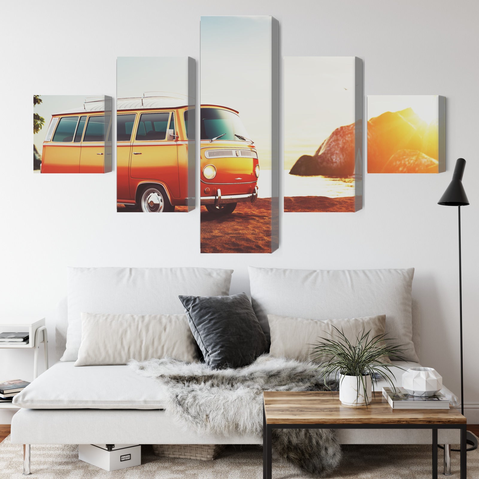 Obraz Wieloczęściowy Retro Samochód na Plaży – styl vintage do wnętrz boho i eklektycznych – widok 3