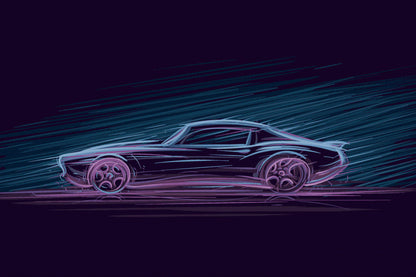 Obraz Wieloczęściowy Amerykański Muscle Car – neonowa nocna panorama do wnętrz industrialnych, nowoczesnych, retro. 180x120