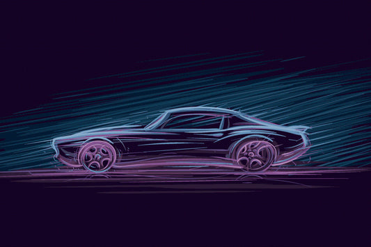 Obraz Wieloczęściowy Amerykański Muscle Car – neonowa nocna panorama do wnętrz industrialnych, nowoczesnych, retro. 180x120