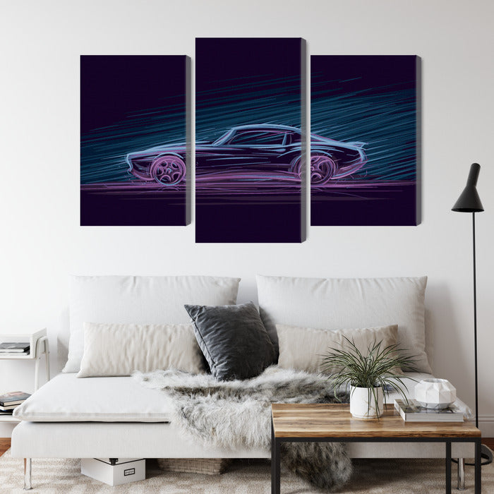 Obraz Wieloczęściowy Amerykański Muscle Car – neonowa nocna panorama do wnętrz industrialnych, nowoczesnych, retro. – widok 3