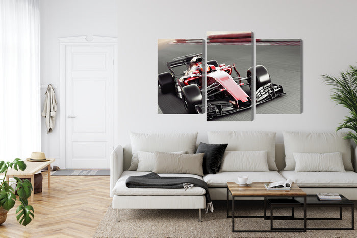 Obraz Wieloczęściowy Samochód F1 Na Torze – dynamiczna scena wyścigowa do wnętrz nowoczesnych i industrialnych – widok 5